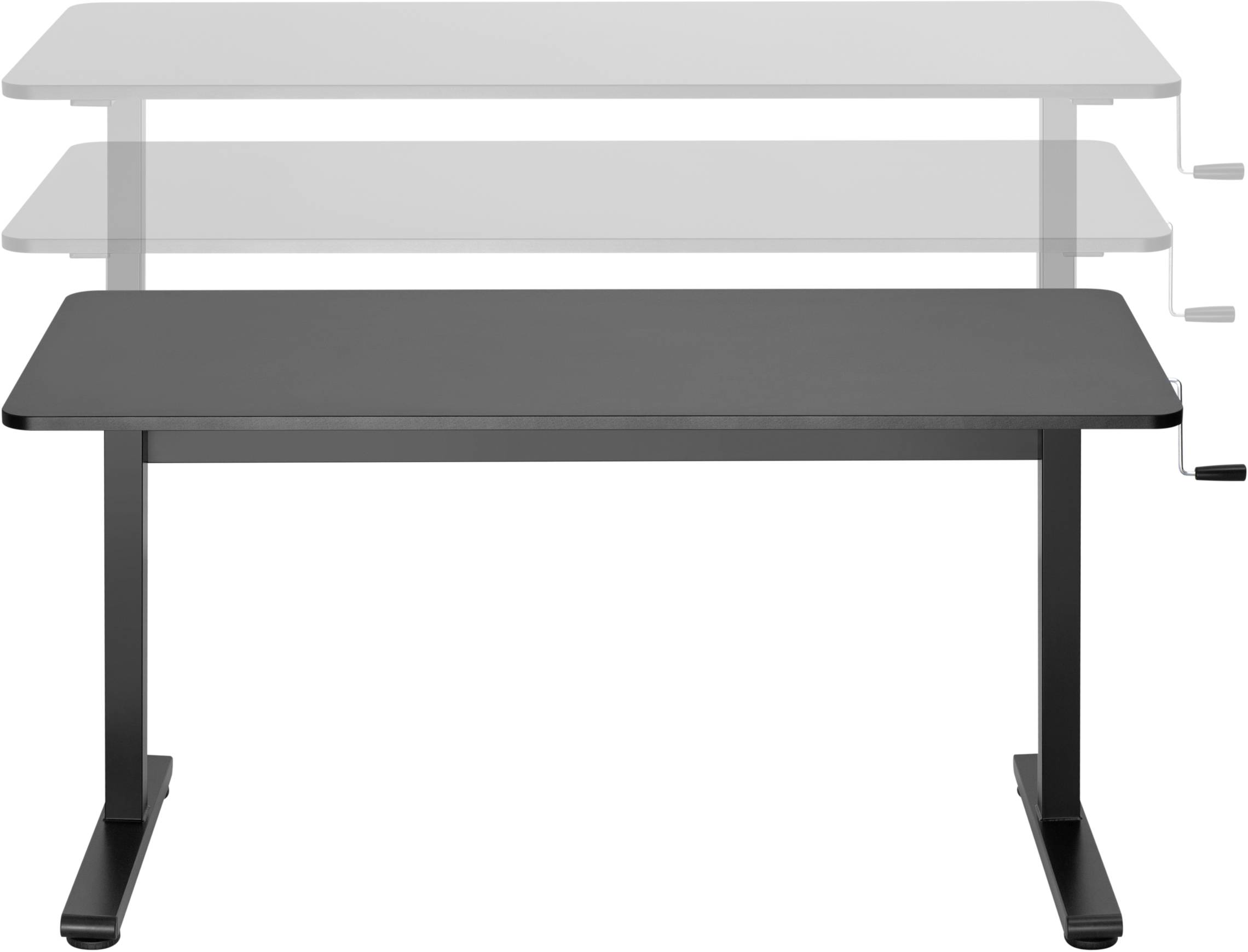 Ein höhenverstellbarer Schreibtisch mit Kurbel, schwarz, in drei unterschiedlichen Höhenstufen sichtbar. Anpassbar für ergonomisches Arbeiten.