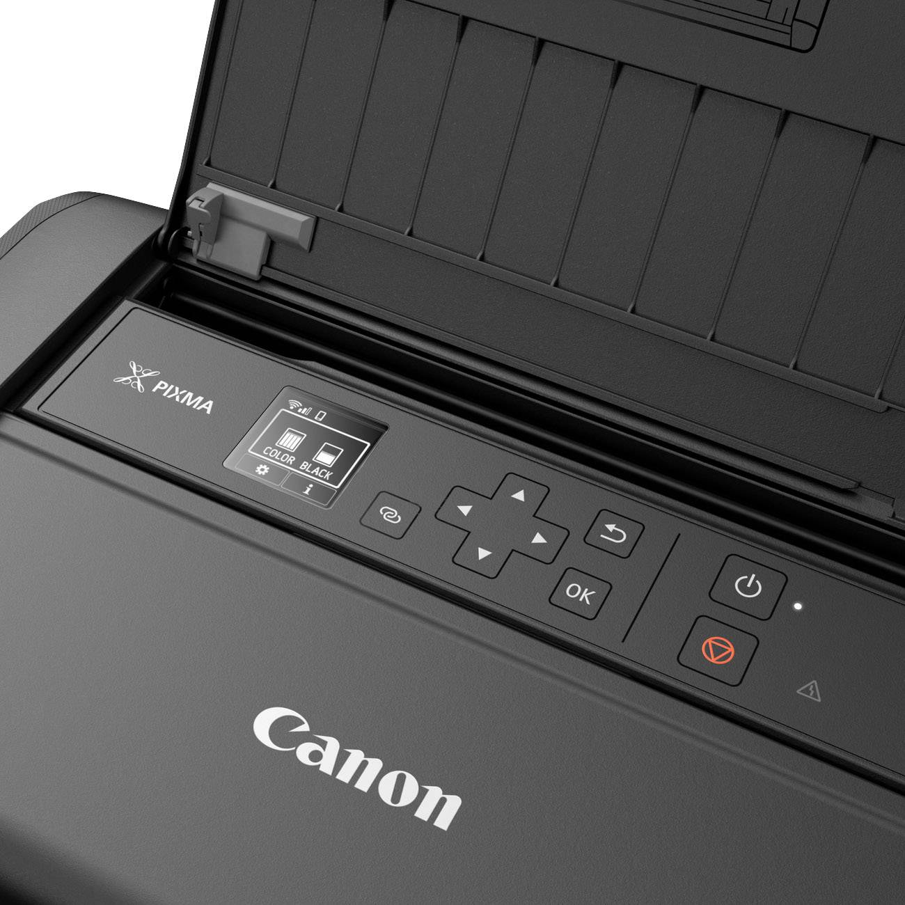 Canon PIXMA Drucker mit offenem Papierfach und Bedienfeld mit Farbauswahl, Pfeiltasten und Bedienknöpfen.