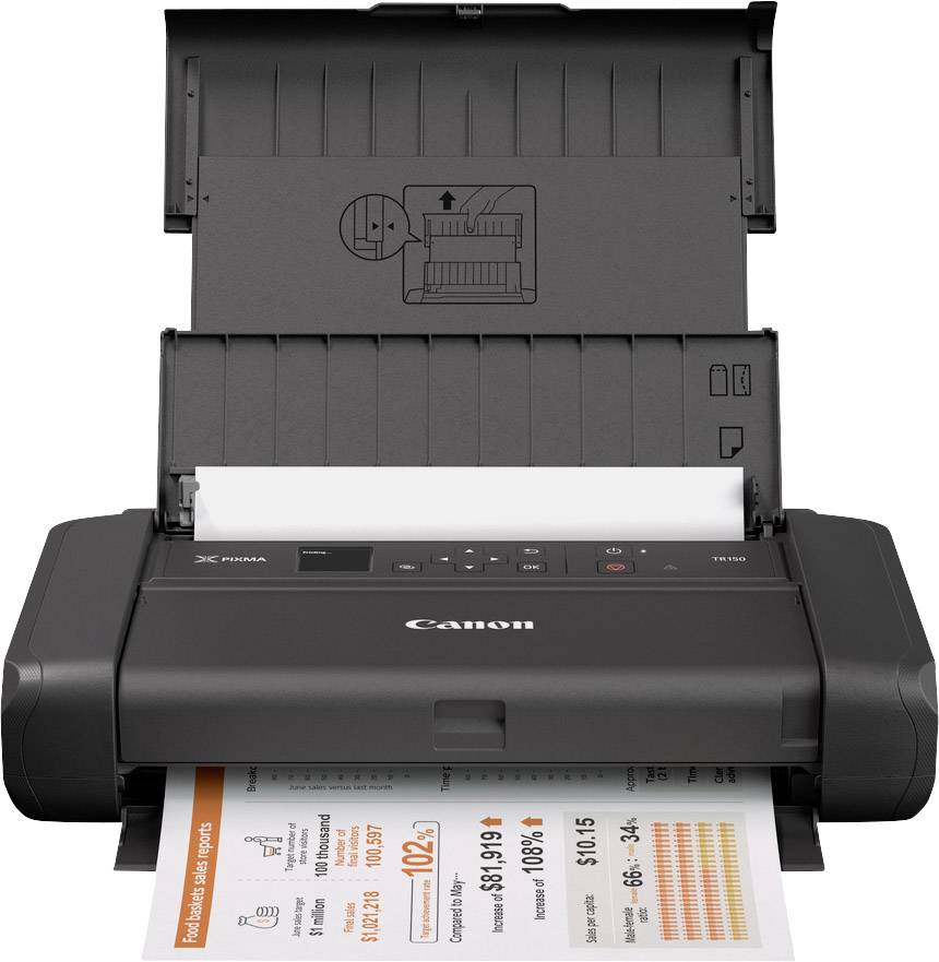Ein Drucker vorne mit geöffnetem Papierfach und gedrucktem Dokument. Dokument zeigt farbige Grafiken und Text.