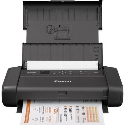 Ein Drucker vorne mit geöffnetem Papierfach und gedrucktem Dokument. Dokument zeigt farbige Grafiken und Text.