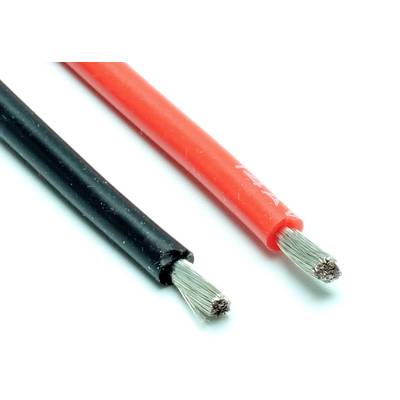 Zwei isolierte Elektrokabel, eines schwarz und eines rot, mit abisolierten Enden, zeigen die Drahtstränge.