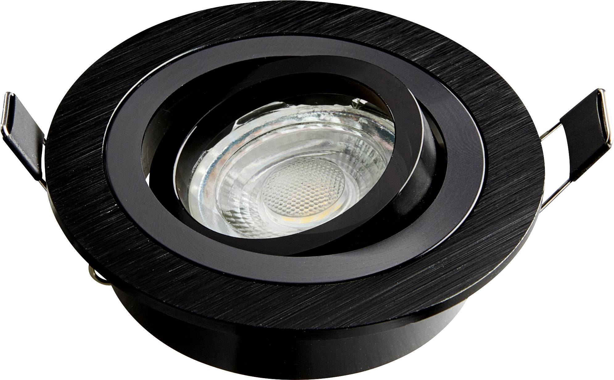 Schwarze Einbaustrahler für Deckeneinbau, runder Rahmen, zentrales LED-Licht, modernes Design für Innenbeleuchtung.