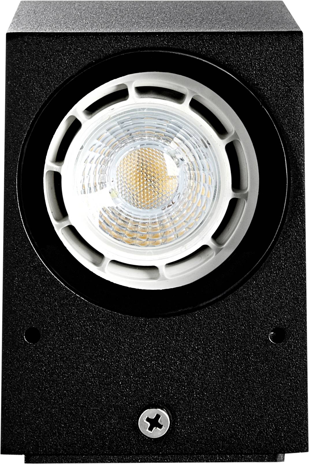 Schwarzer LED-Strahler mit rundem, weißen Rahmen und sichtbarer LED-Lichtquelle in der Mitte, geeignet für Außenbeleuchtung.