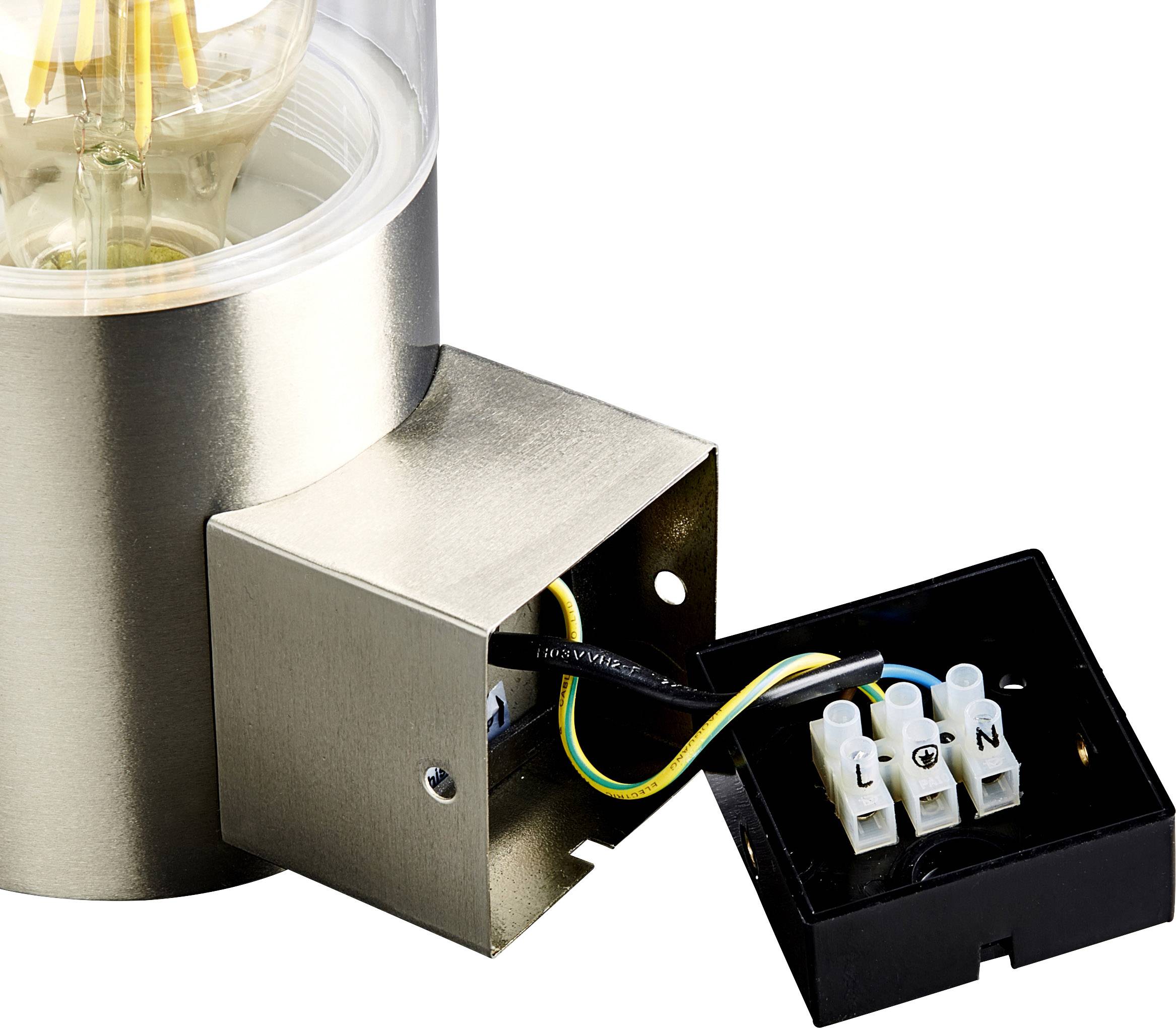 Elektrische Verbindung einer Lampe mit offenen Kabelklemmen, gekennzeichnet mit 'L', 'P', 'N'. Anzeige der Innenverkabelung.