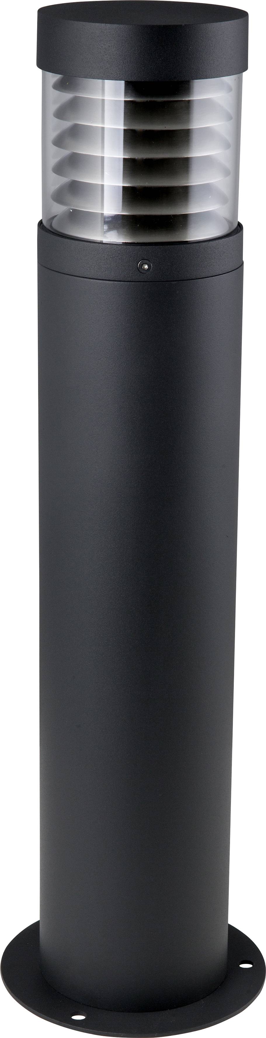 Schwarze Gartenlampe in zylindrischer Form mit horizontalen Lamellen im oberen Teil zur Lichtstreuung.