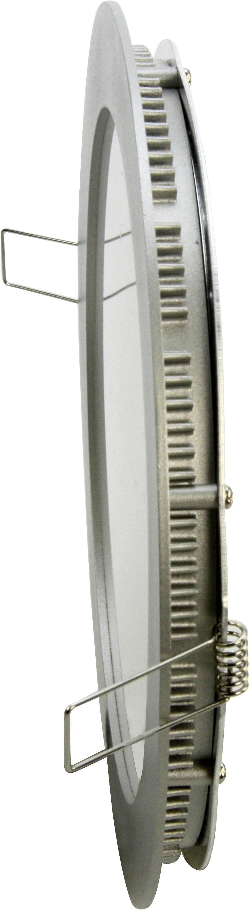 Eine seitliche Ansicht einer runden, flachen Lichtscheibe mit metallischem Rahmen und zwei herausstehenden Befestigungsklammern.