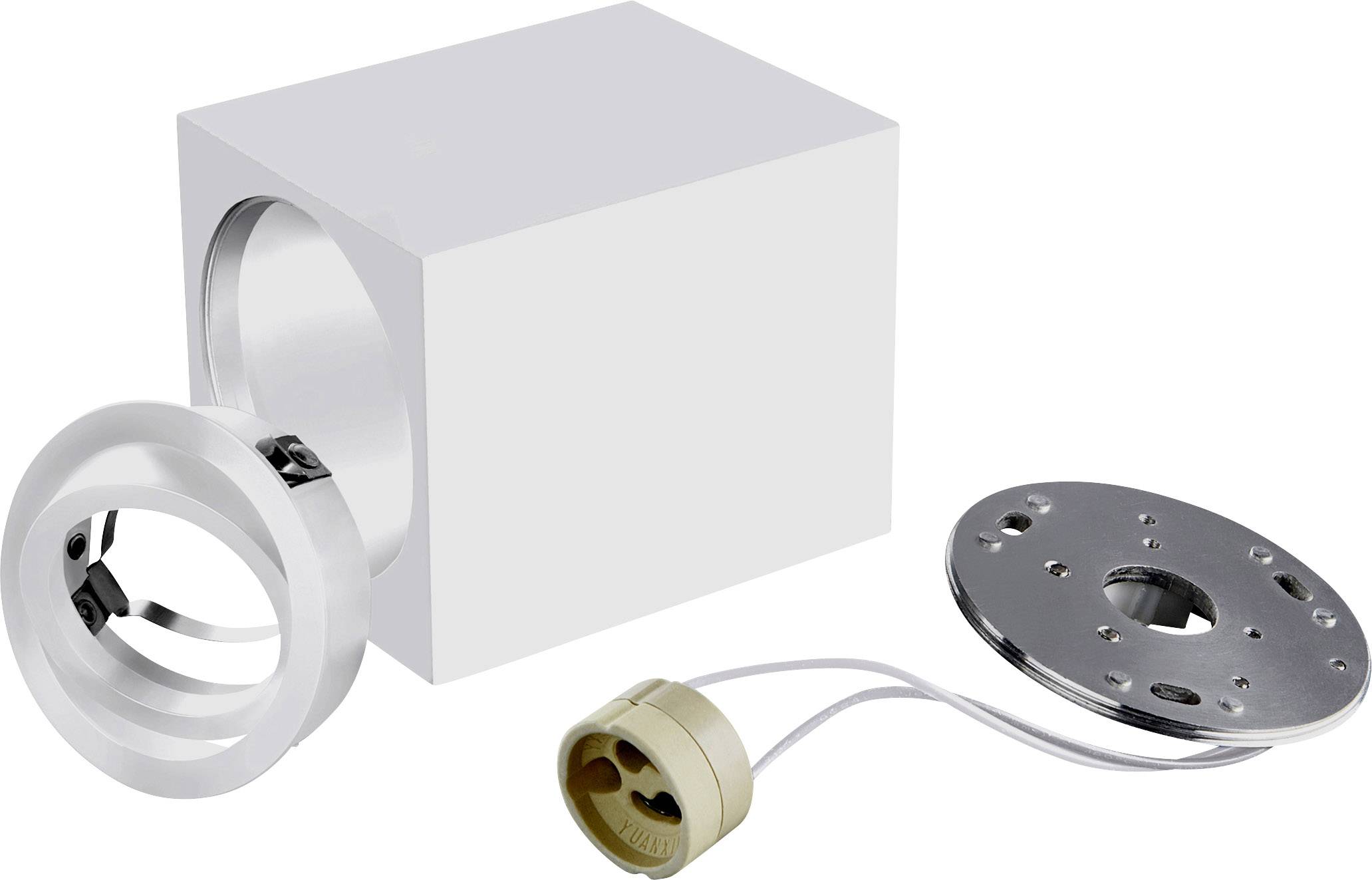 Weiße, kubische Deckenleuchte mit abnehmbarem Ring, dekorativer Metallplatte und Lampenfassung, die Anschlüsse zeigen.