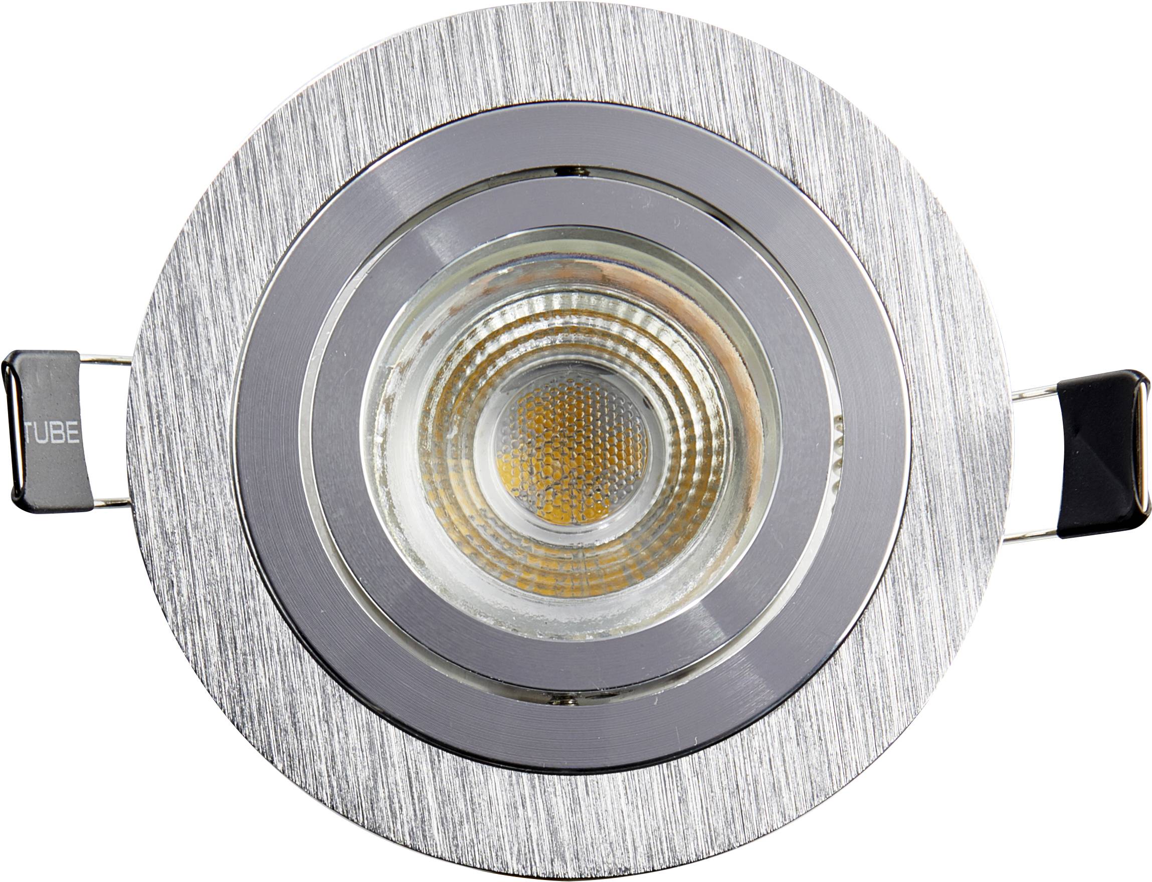 Silberne runde LED-Einbauleuchte mit Glasabdeckung und schwarzer Halterung, von oben gesehen.