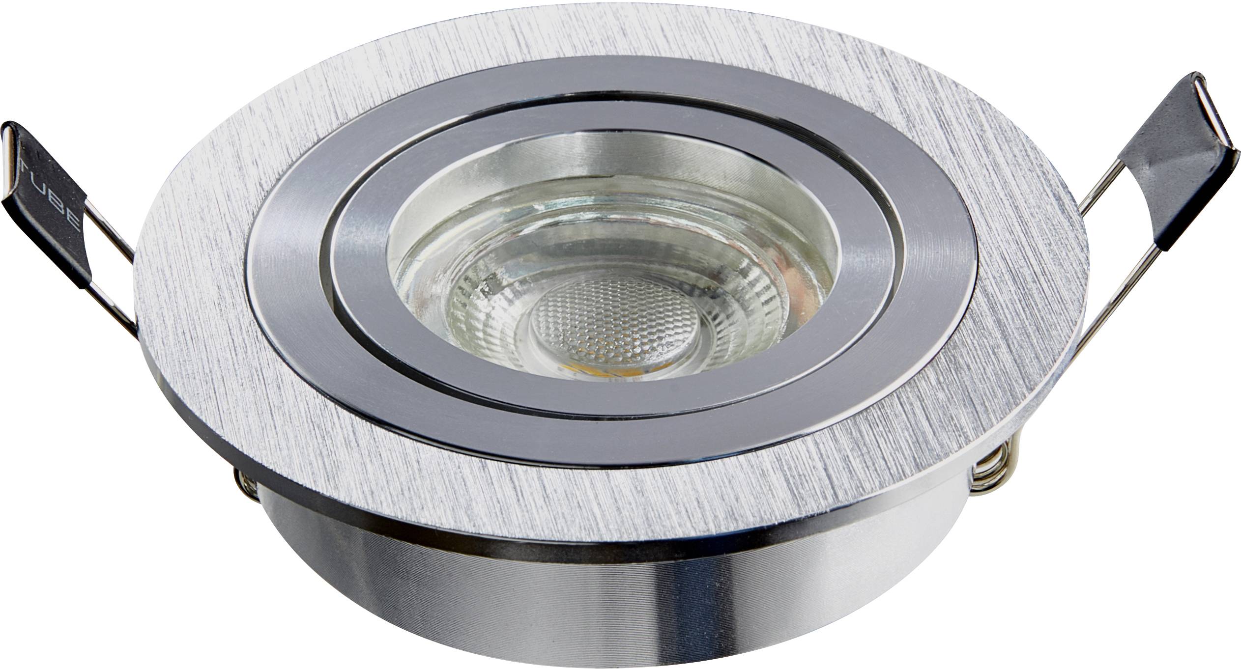 Rundes Einbaustrahler-Gehäuse aus Metall mit gebürstetem Finish, seitlichen Clips für einfache Installation.