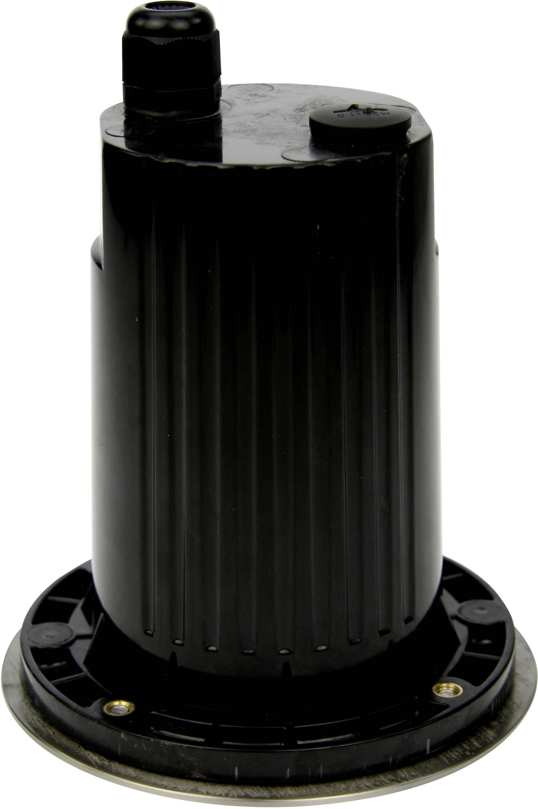 Eine schwarze Tauchpumpe auf einem weißen Hintergrund; zylindrische Form mit vertikalen Rillen und zwei sichtbaren Anschlüssen oben.