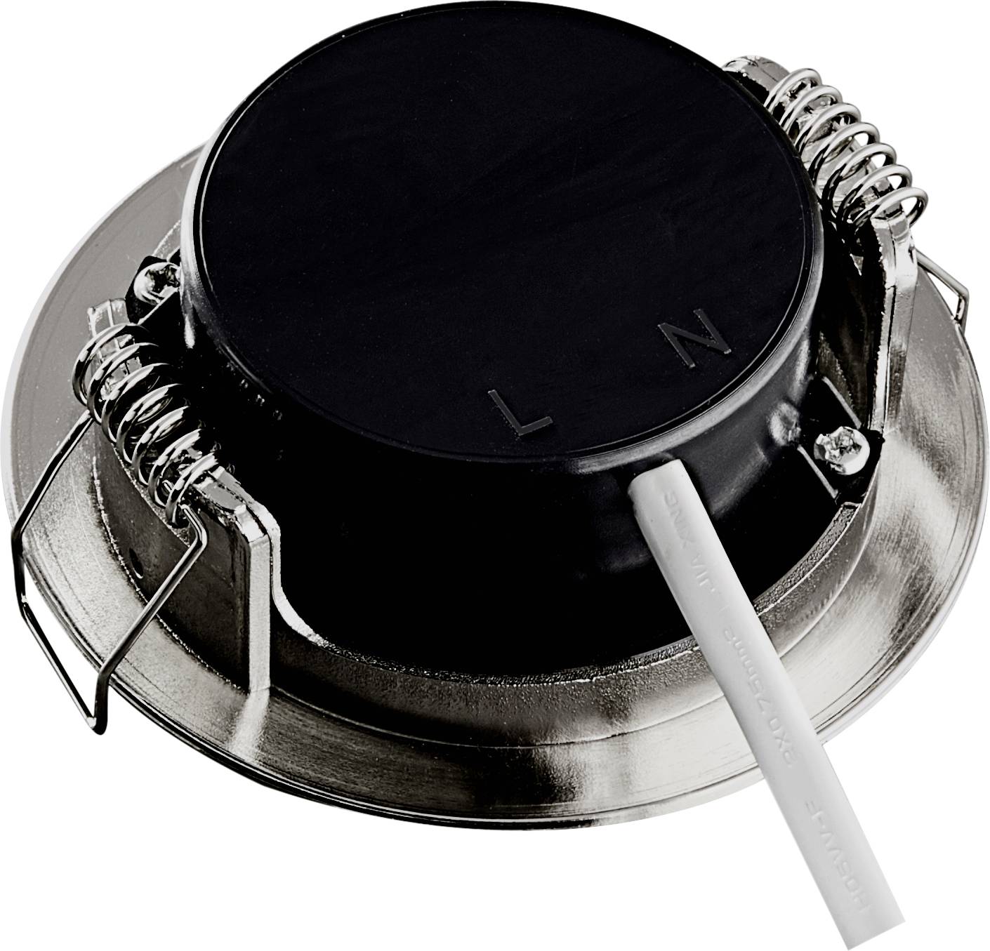 Ein runder Metallanschluss mit zwei Buchstaben 'L' und 'N' gekennzeichnet, verbunden mit einem weißen Kabel.