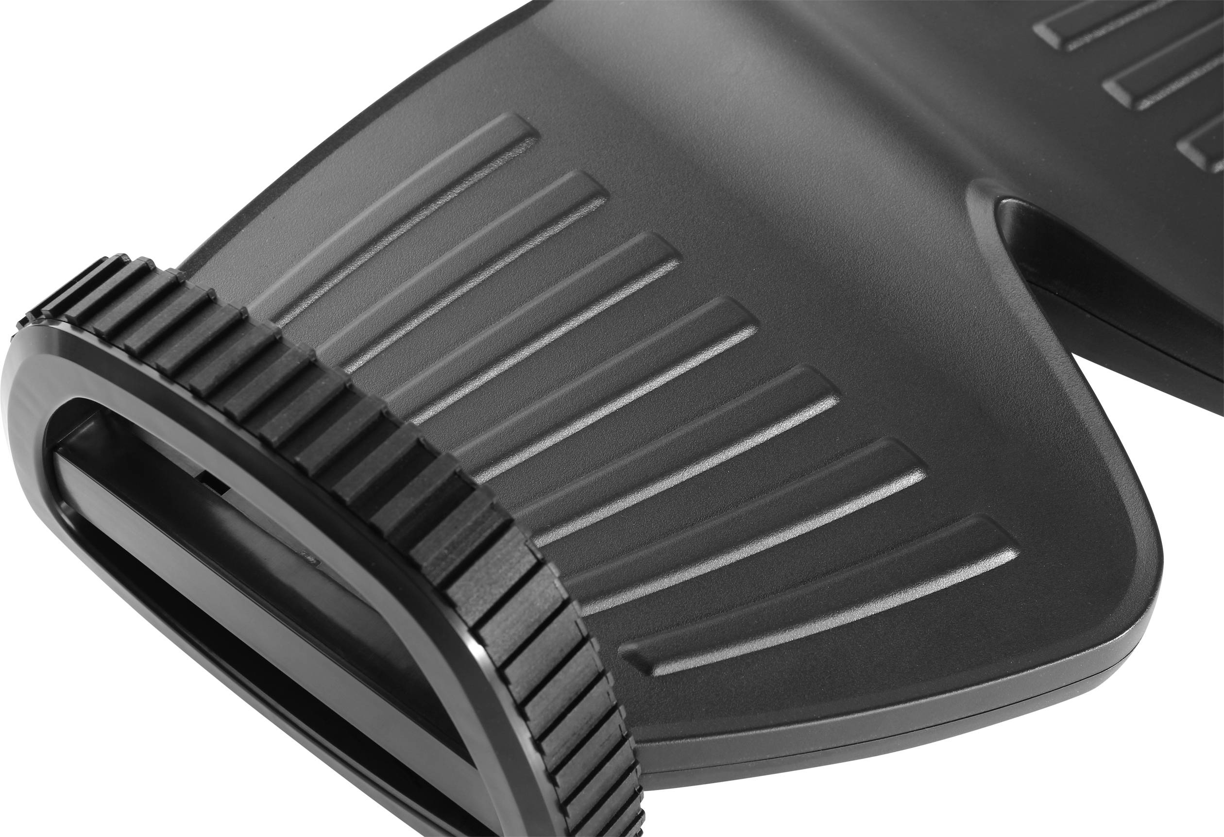 Ein schwarzer Rasierklingenhalter mit texturierten Oberflächen und einem geriffelten Rand. 