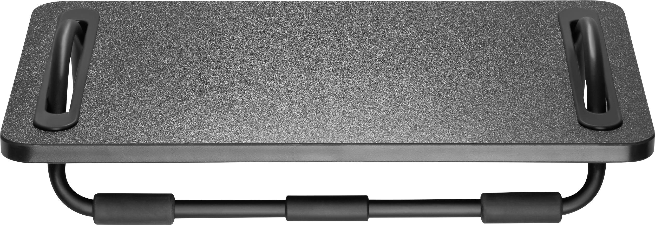 Ein rechteckiges, schwarzes Metalltablett mit zwei Griffen und einem gebogenen Halter darunter, ideal für den einfachen Transport.