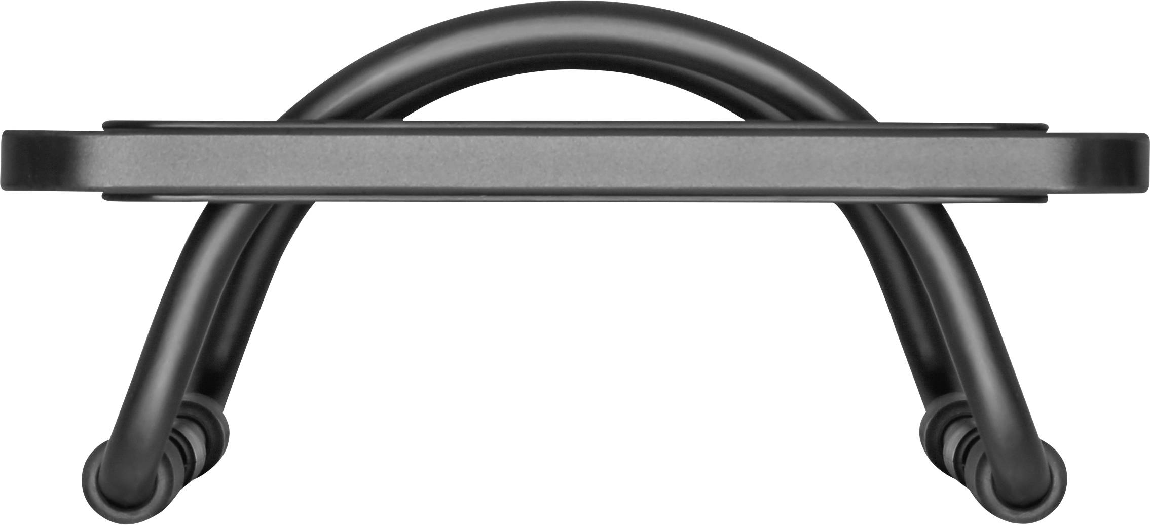 Ein halbrundes, schwarzes Metallobjekt mit zwei geschwungenen Armen, möglicherweise ein Griff oder Bügel, von oben gesehen.