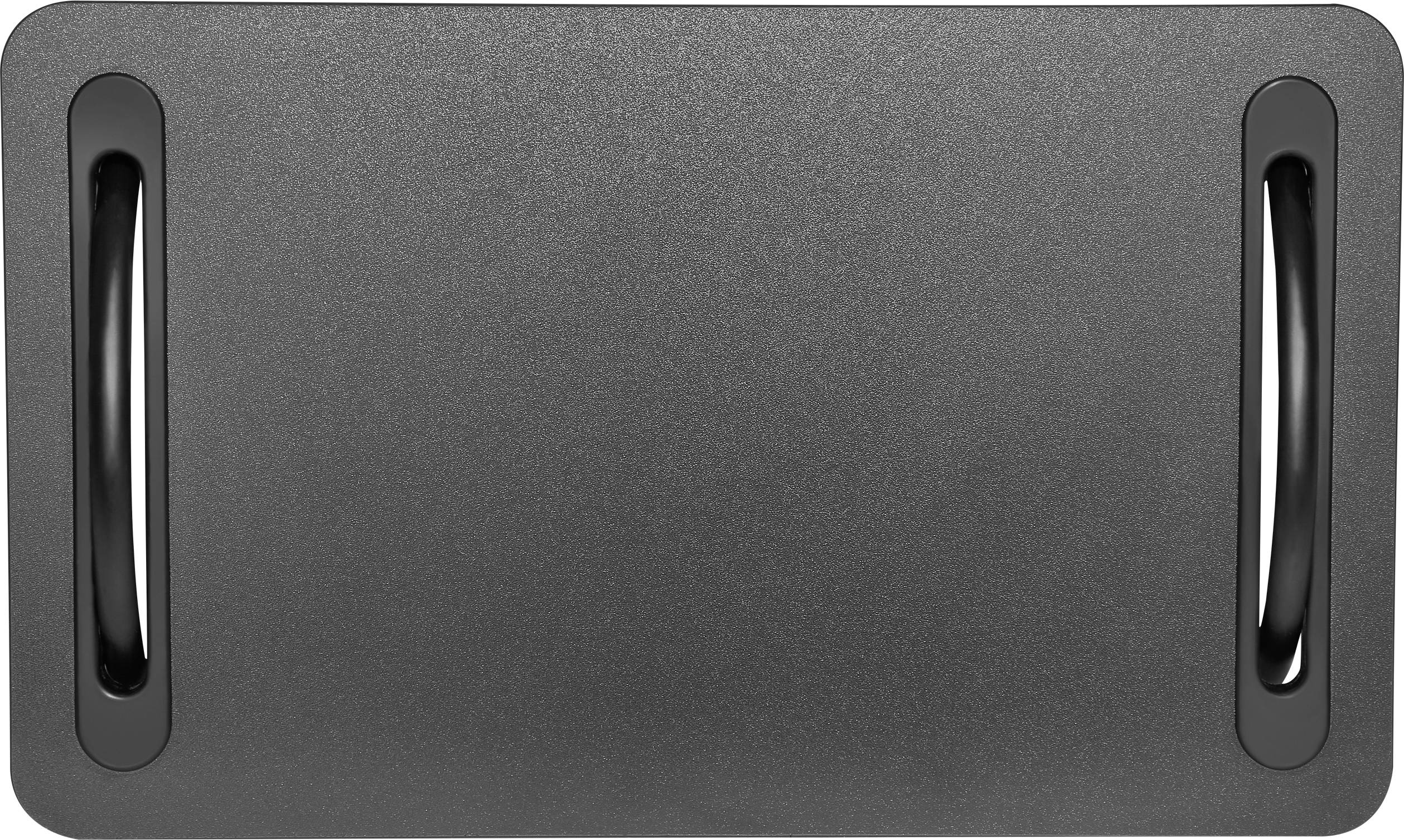 Eine rechteckige, schwarze Grillplatte mit zwei Griffen an den Seiten, geeignet zum Kochen auf dem Grill oder Herd.