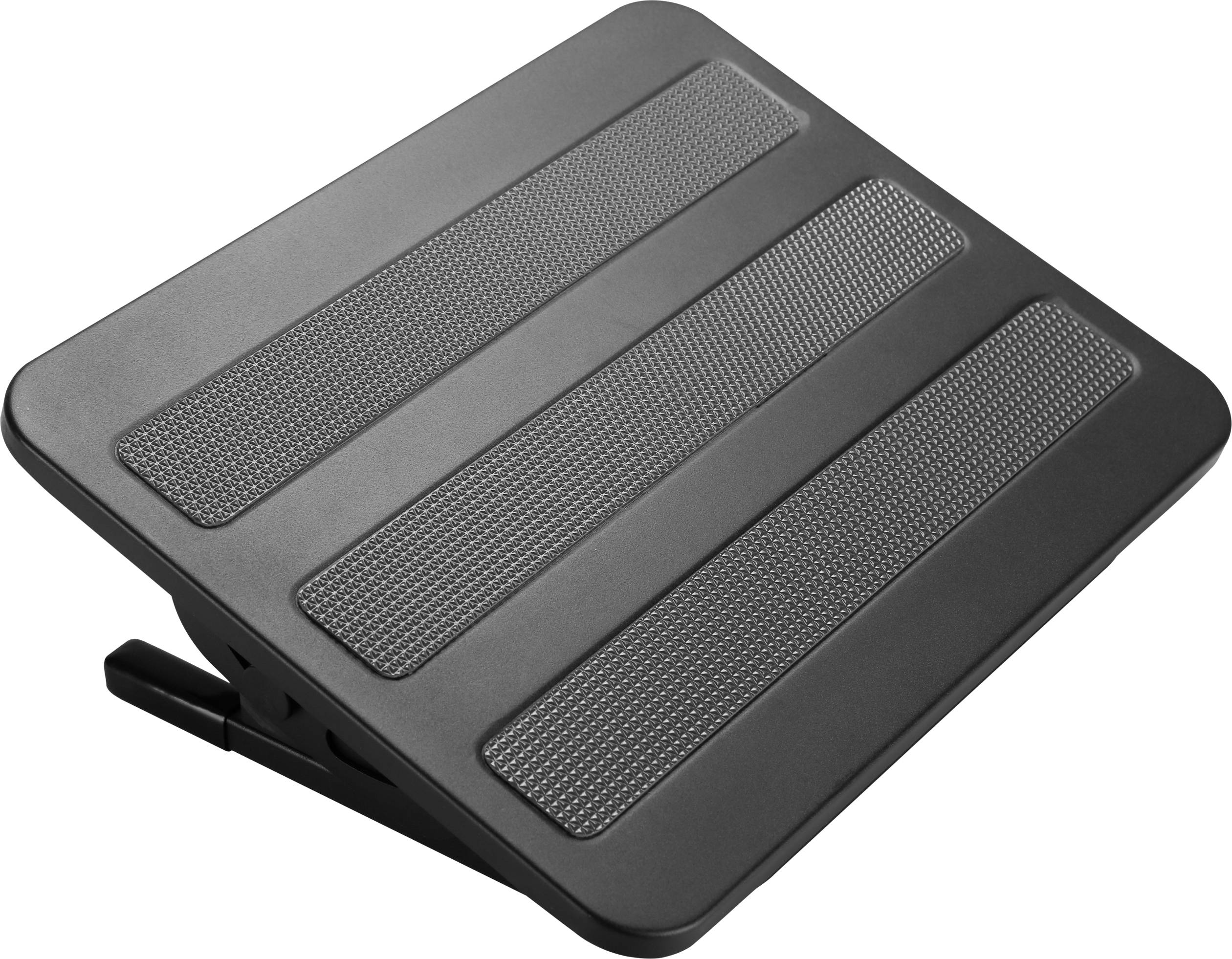 Eine schwarze Fußstütze mit drei rutschfesten Streifen zur Stabilität. Sie ist anpassbar in der Neigung und Höhe für ergonomischen Komfort.