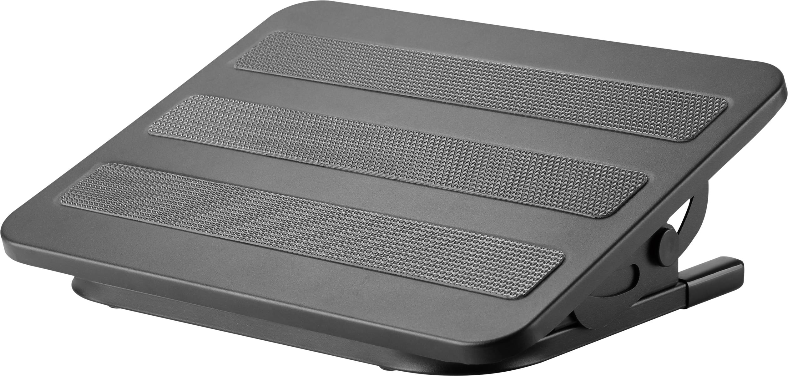 Ein schwarzer, verstellbarer Laptop-Ständer mit rutschfesten Streifen auf der Oberfläche zum sicheren Platzieren eines Laptops.