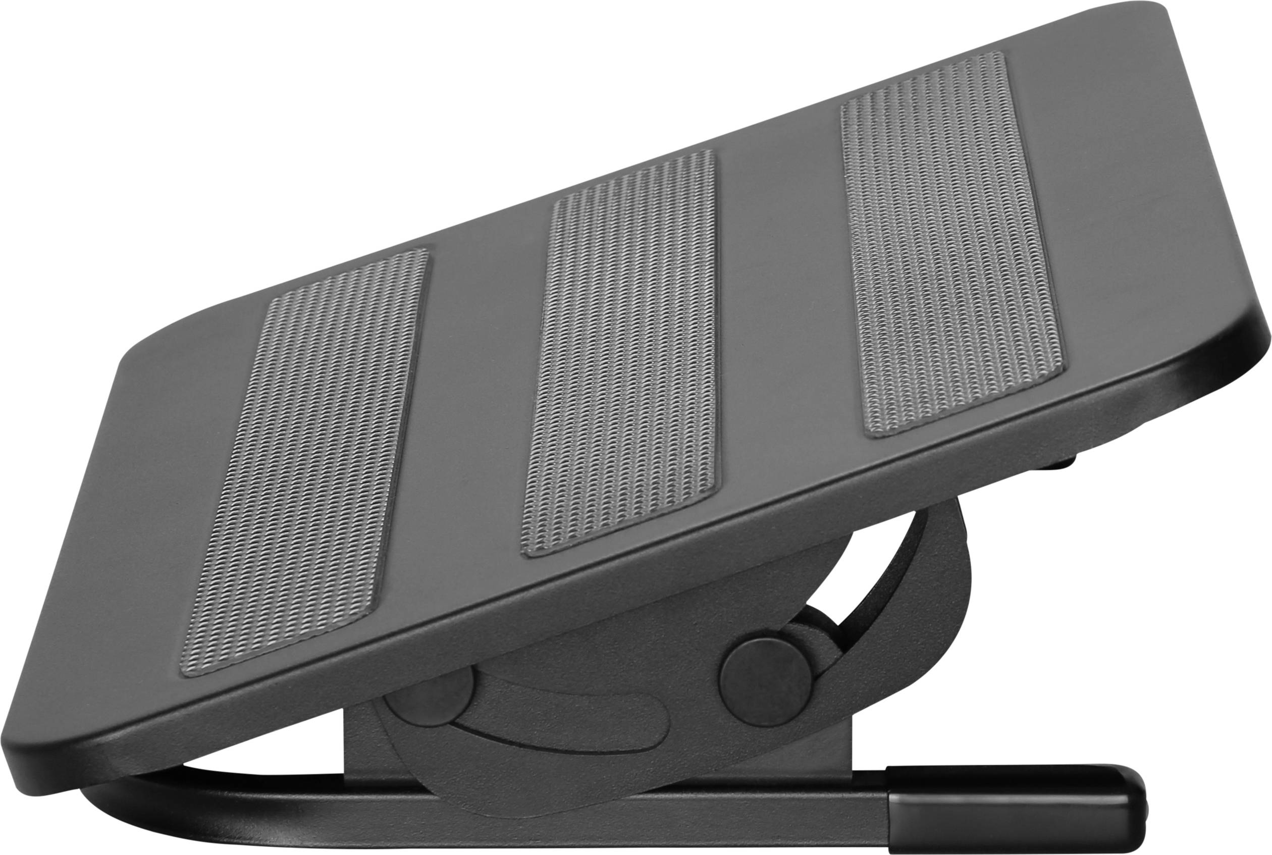 Schwarze verstellbare Fußstütze mit rutschfesten Streifen auf der Oberfläche, geeignet für ergonomisches Arbeiten am Schreibtisch.