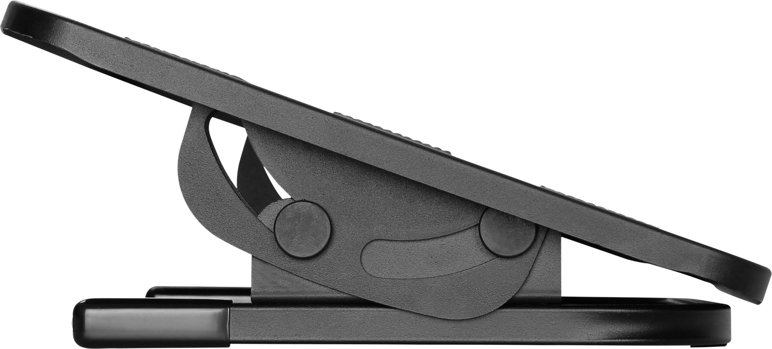 Ein schwarzer Laptop-Ständer mit verstellbarer Neigung, seitliche Ansicht, zeigt verschiedene Winkeloptionen für ergonomische Nutzung.