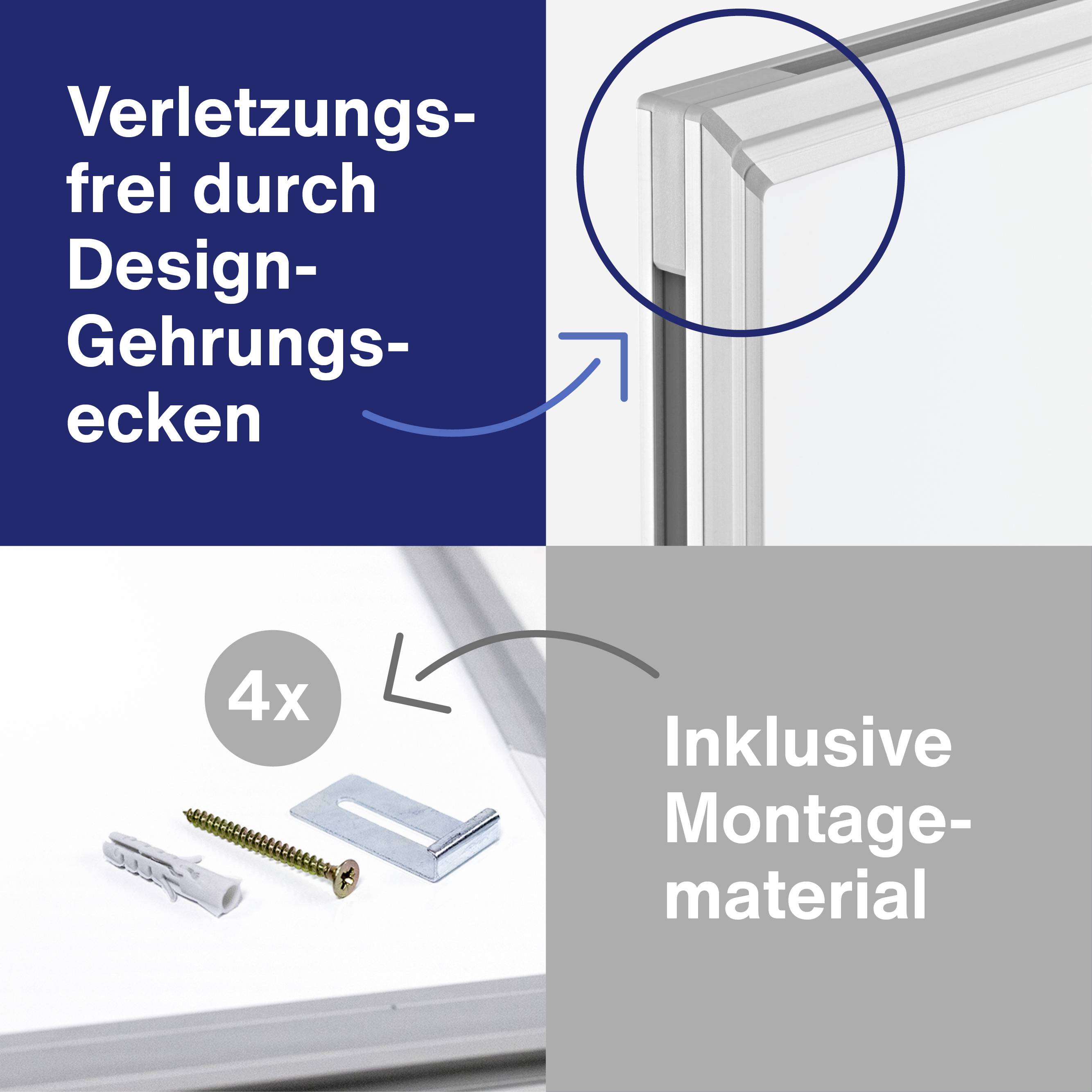 Rahmen eines Objekts mit Gehrungsecken. Text: 'Verletzungsfrei durch Design-Gehrungsecken'. Inklusives Montagematerial abgebildet.