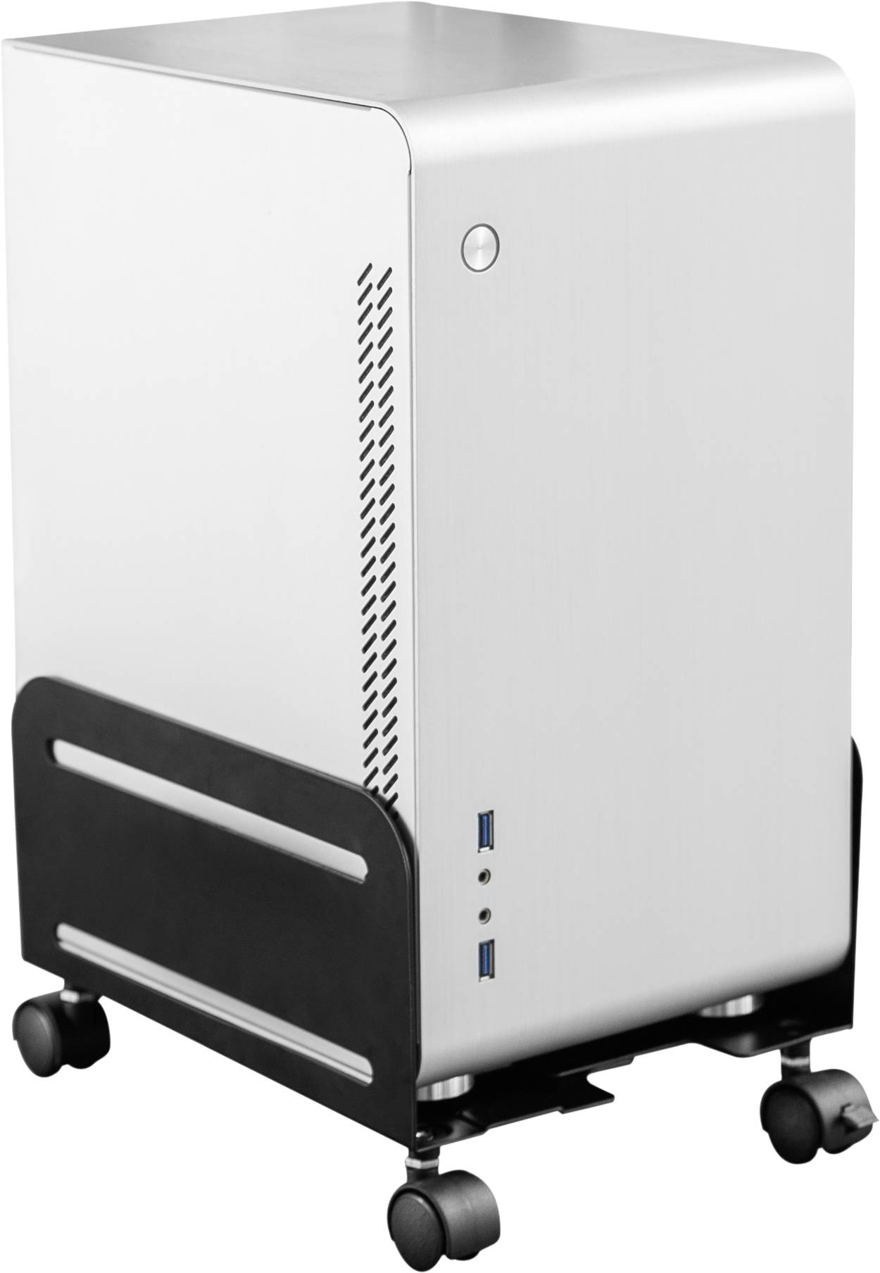 Silberner PC-Tower auf Rollen mit schwarzer Basis, zwei USB-Anschlüssen und Lüftungsschlitzen an der Seite.