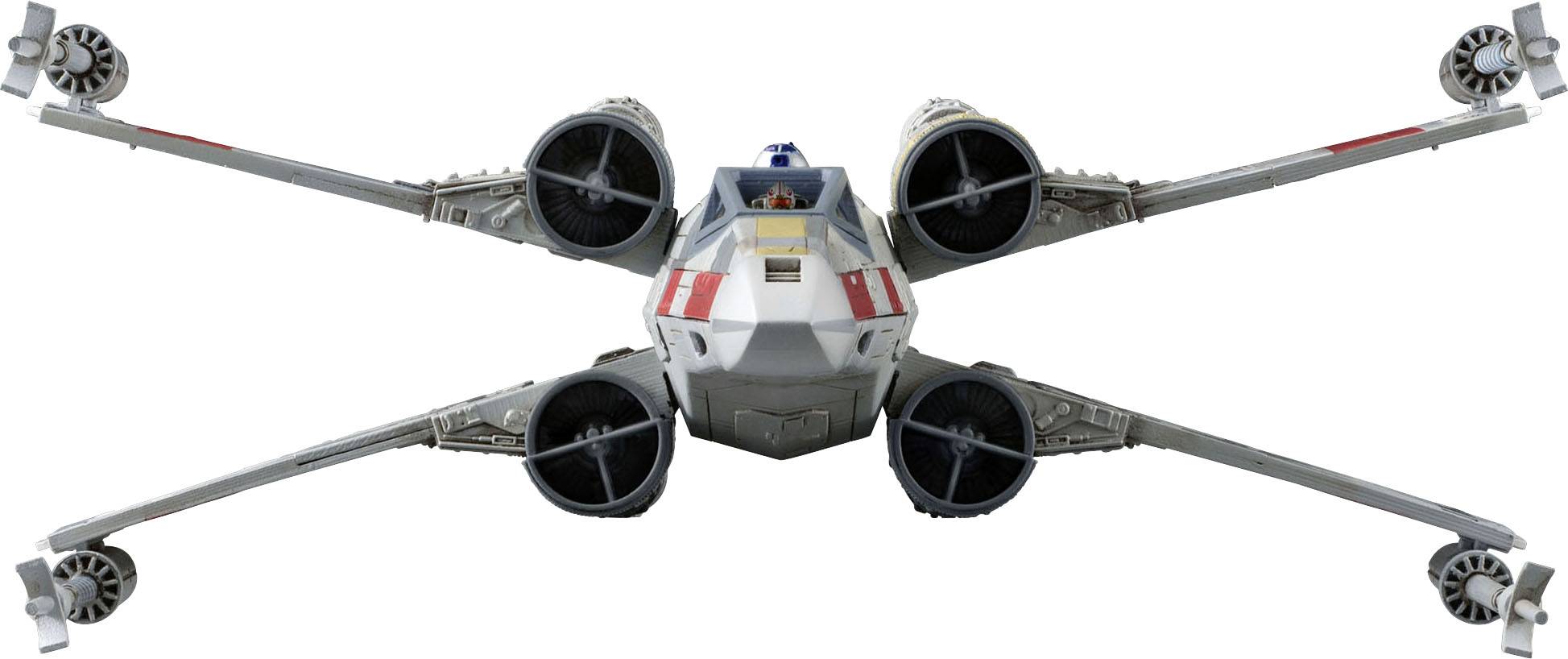 Ein Raumschiff im klassischen Sci-Fi-Stil mit vier Flügeln kreuzförmig, bekannt aus einer bekannten Filmreihe.