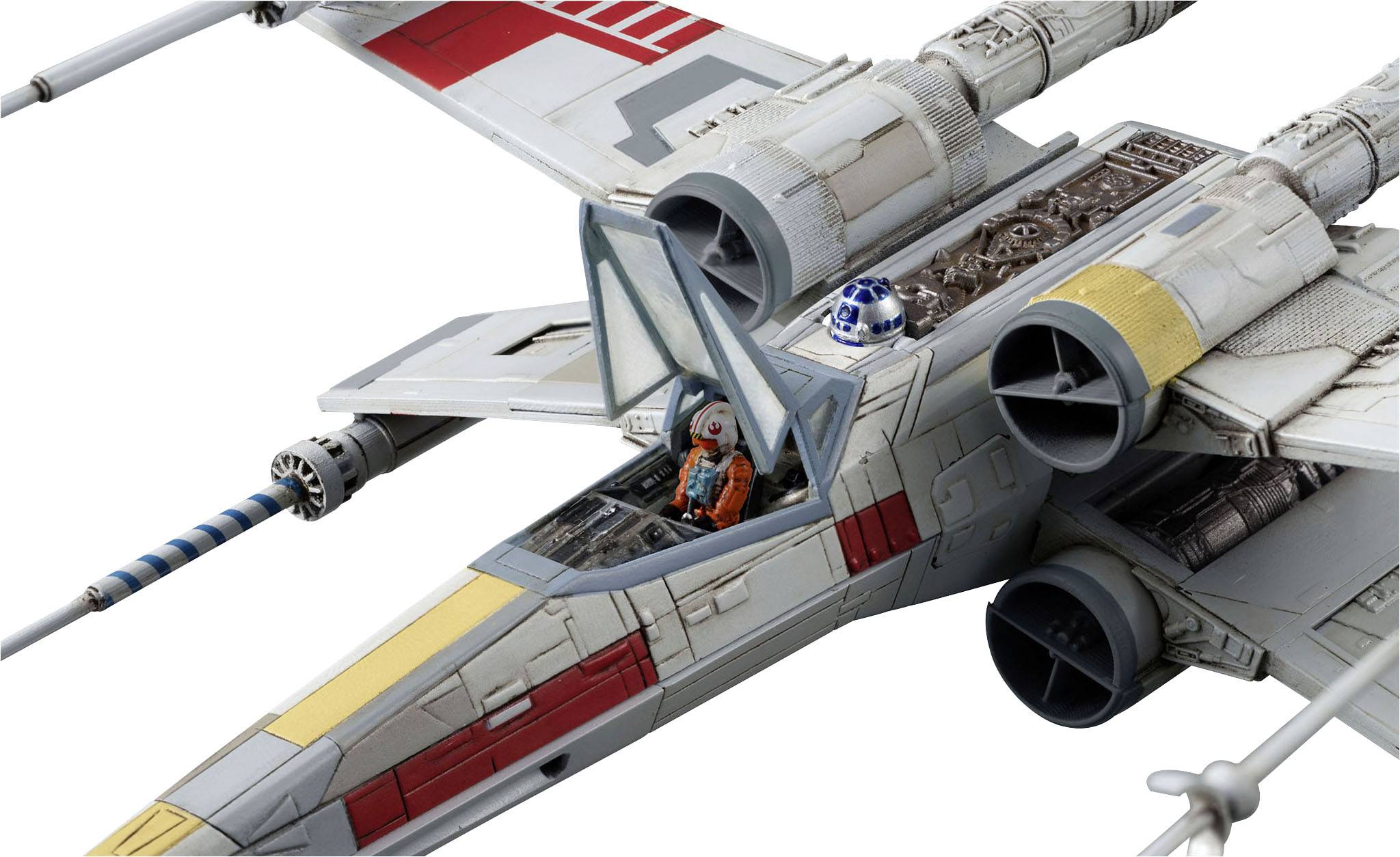 Ein Raumschiff mit vier Flügeln und rundem Roboter auf dem Rücken; ein Pilot sitzt im Cockpit.