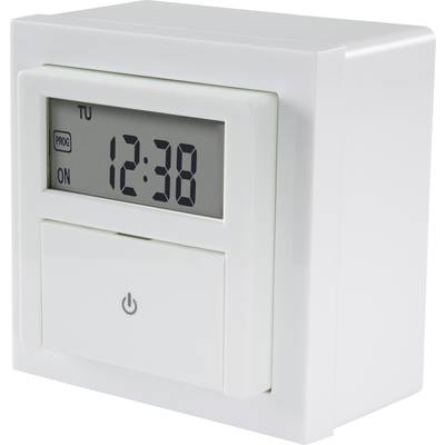 Digitale Zeitschaltuhr in Weiß zeigt '12:38' an. Tag 'DI' und Modus 'PROGRAMMIERT' sind sichtbar. Unten ein Ein-/Ausschalter-Symbol.