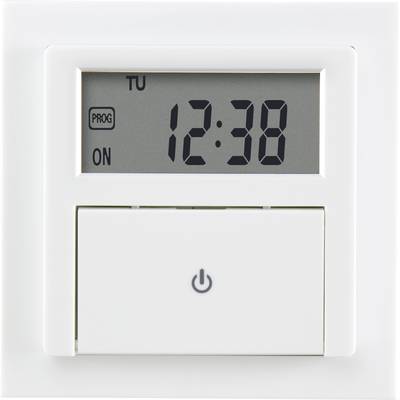 Digitaler Timer-Rahmen mit LCD-Anzeige zeigt '12:38' Uhrzeit, 'TU' Wochentag, 'PROG' Programm und 'ON' Betriebszustand.