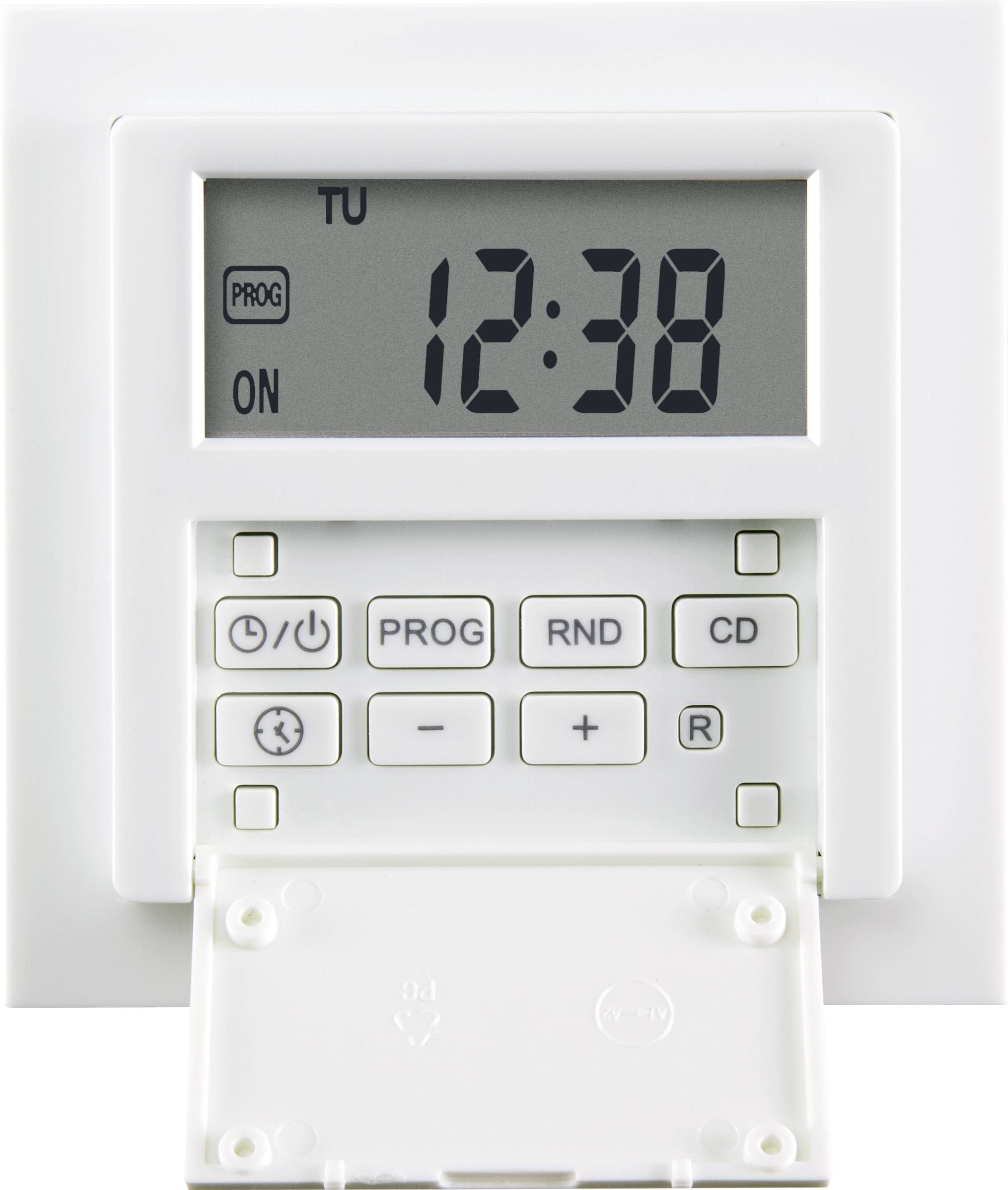 Ein digitaler Timer mit LCD-Bildschirm zeigt die Zeit '12:38' an. Knöpfe für Programm, Uhrzeit Einstellung, Zufall, und Countdown sind sichtbar.
