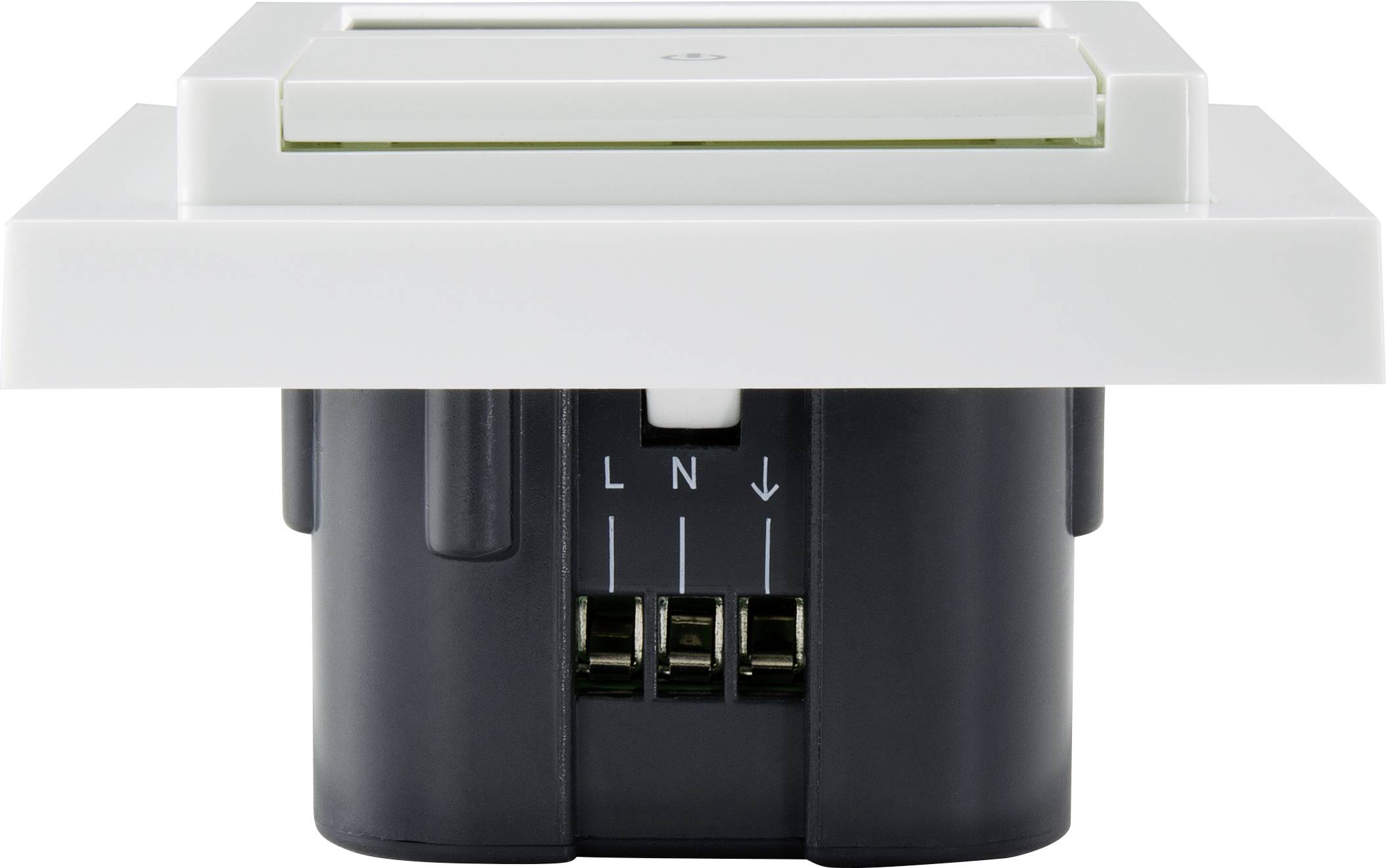 Weißer Wandschalter mit schwarzem Gehäuse darunter. Elektrische Anschlüsse sind sichtbar, markiert mit 'L', 'N' und Pfeilsymbol.