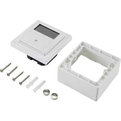 Ein weißer digitaler Thermostat mit abnehmbarem Rahmen, Schrauben und Dübeln, zeigt das Display und den Ein-/Aus-Schalter.