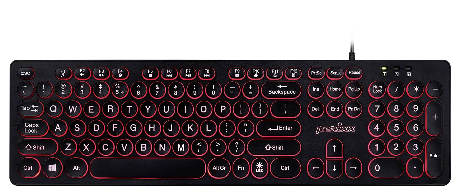 Eine schwarze Tastatur mit roten, runden Tasten und roter Hintergrundbeleuchtung, verbunden über ein Kabel.