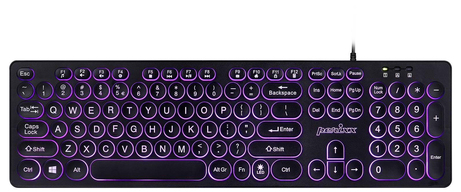 Schwarze Tastatur mit runden, lila leuchtenden Tasten. USB-Anschluss oben rechts. Layout umfasst alle Standardtasten.