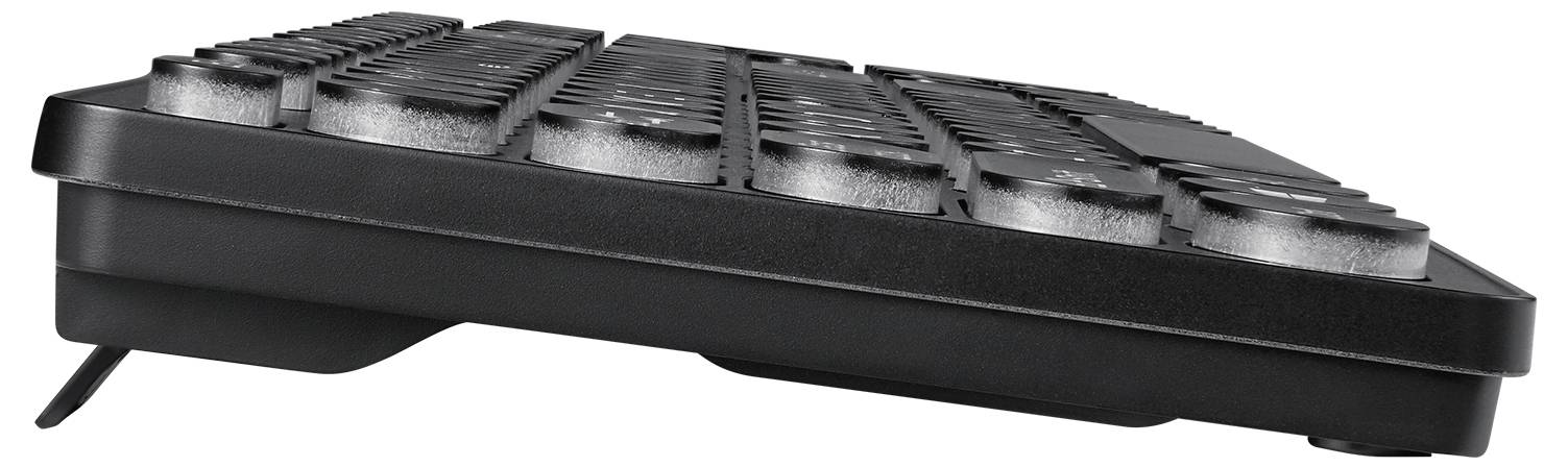 Eine seitliche Ansicht einer Computertastatur mit abgerundeten Tasten, die hochgelagert erscheint.