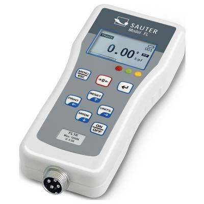 Digitales Kraftmessgerät 'Sauter Model FL' mit Display zeigt 0.00 kgf. Bedienknöpfe für Menü, Drucken, Zurücksetzen und Modus auf Vorderseite.