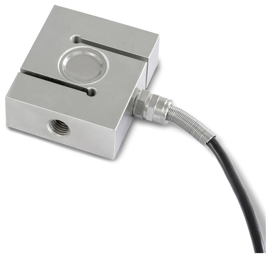 Ein quadratischer Metallkraftsensor mit einer zentralen kreisförmigen Vertiefung, einem Kabelanschluss und einer Befestigungsöffnung.