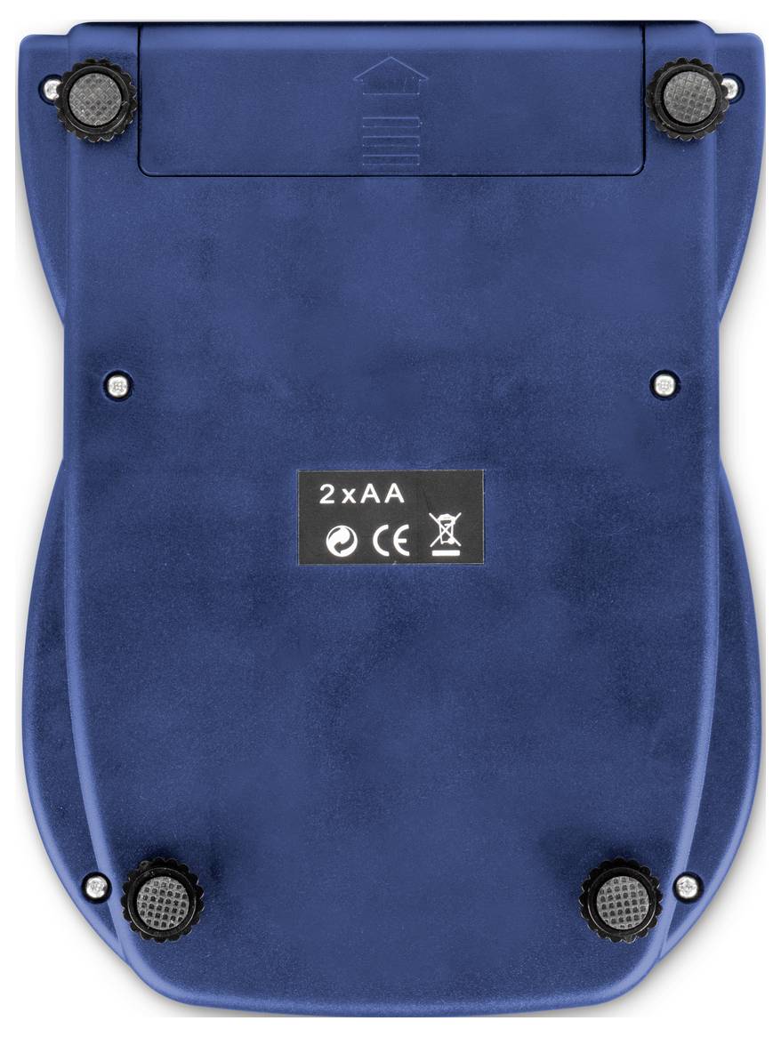 Die Rückseite eines blauen Geräts mit vier runden Gummifüßen und einem Batteriefach. Aufkleber zeigt '2xAA' und Symbole für CE und Recyclingsymbol.