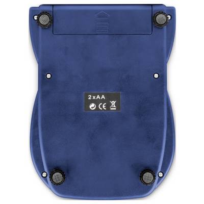 Die Rückseite eines blauen Geräts mit vier runden Gummifüßen und einem Batteriefach. Aufkleber zeigt '2xAA' und Symbole für CE und Recyclingsymbol.