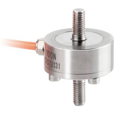 Ein zylindrischer Kraftsensor aus Metall mit Schraubgewinden oben und unten, einem Aufdruck '100N', und einem angeschlossenen roten Kabel.