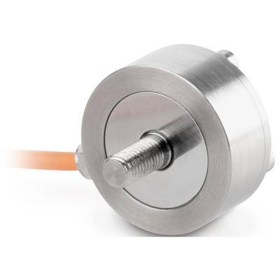 Ein zylindrischer Metallkörper mit einem hervorstehenden Bolzen und einem angeschlossenen orangefarbenen Kabel, vermutlich ein Sensor.