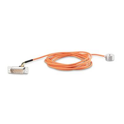 Ein orangefarbenes Kabel mit einem rechteckigen Stecker am einen Ende und einem runden Sensor am anderen Ende.