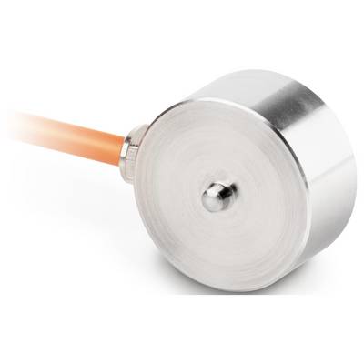 Rundes Metallobjekt mit Kabelanschluss, wahrscheinlich ein Sensor oder Messgerät. Silberfarben mit orangefarbenem Kabel.