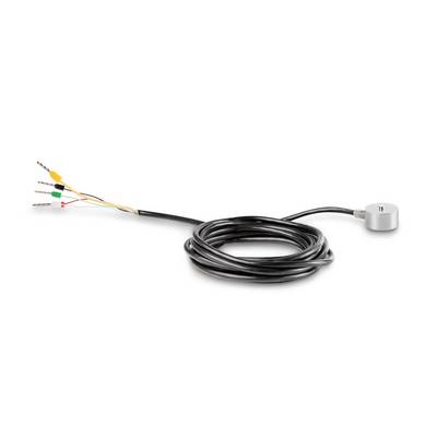 Ein runder Sensor mit langem, geflochtenem Kabel zeigt farblich markierte Drähte an einem Ende. Der Sensor ist kompakt und zylindrisch.