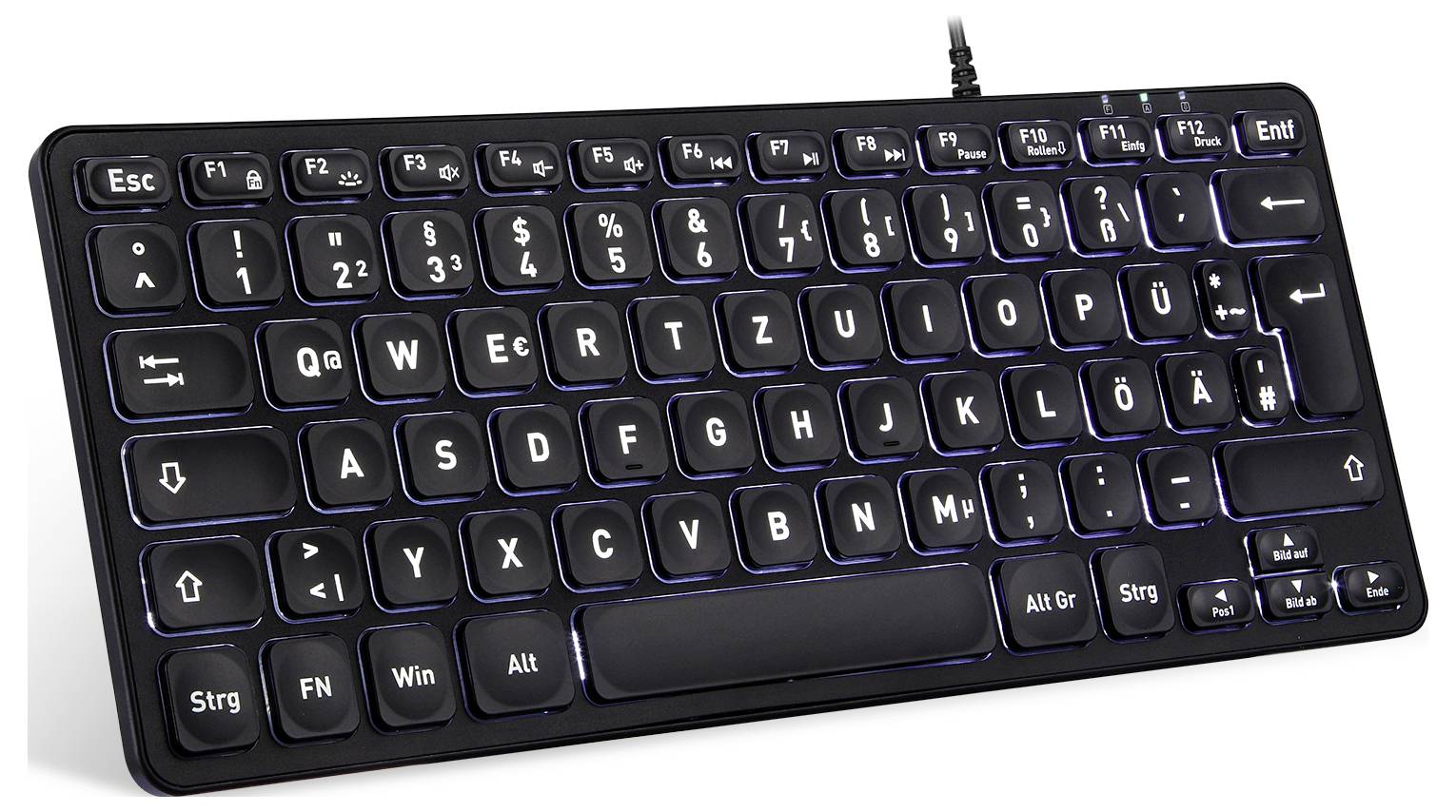 Schwarze QWERTZ-Tastatur mit weißer Hintergrundbeleuchtung. Tastenbeschriftung auf Deutsch, inklusive Sondertasten und Pfeiltasten.