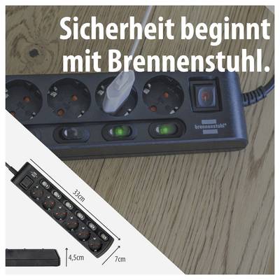 Werbegrafik für eine Brennenstuhl-Steckdosenleiste mit Schalter und Schutzfunktionen; Text: 'Sicherheit beginnt mit Brennenstuhl.'<br>