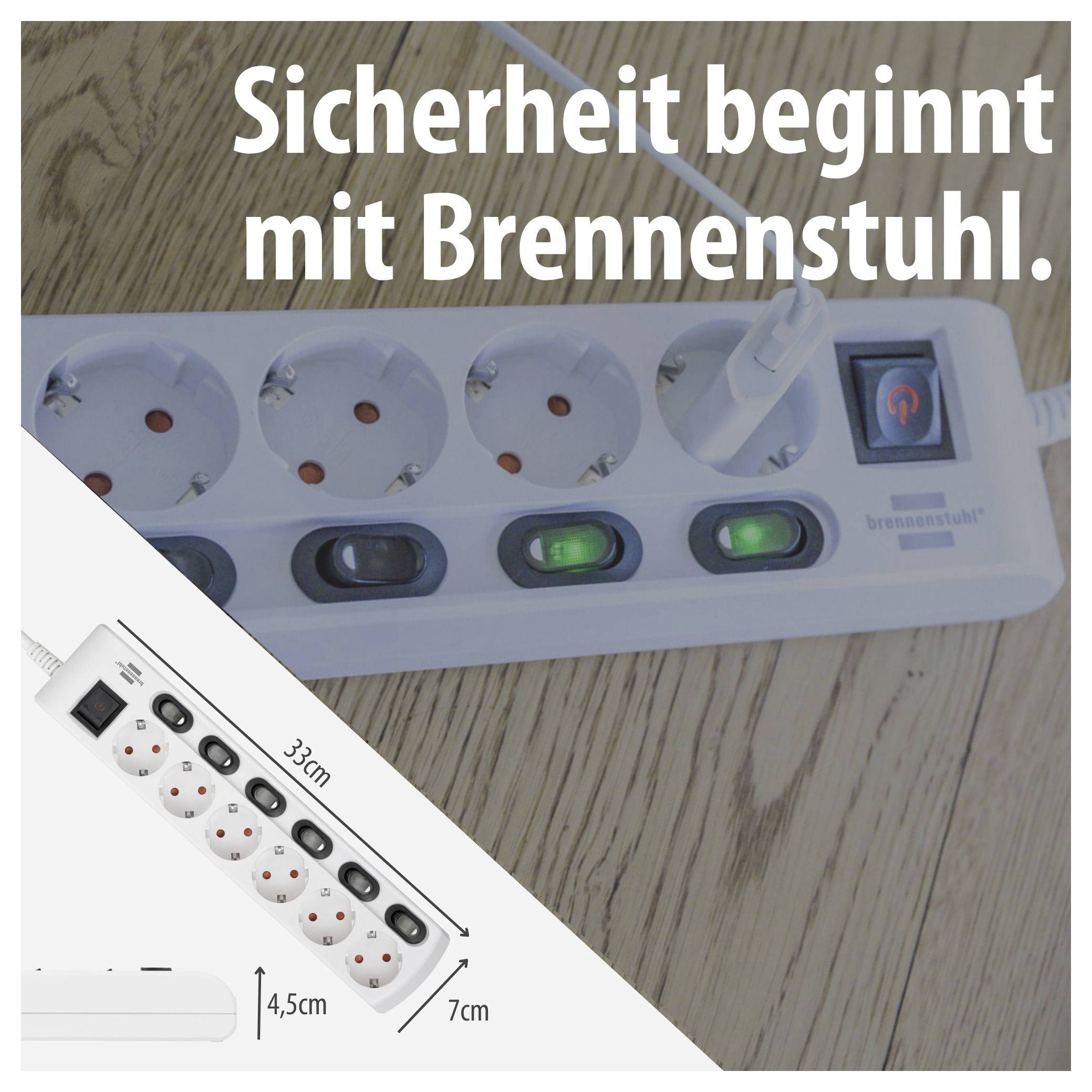 Werbeanzeige für eine Brennenstuhl-Steckdosenleiste mit Text 'Sicherheit beginnt mit Brennenstuhl.' und Produktfoto samt Maßangaben.