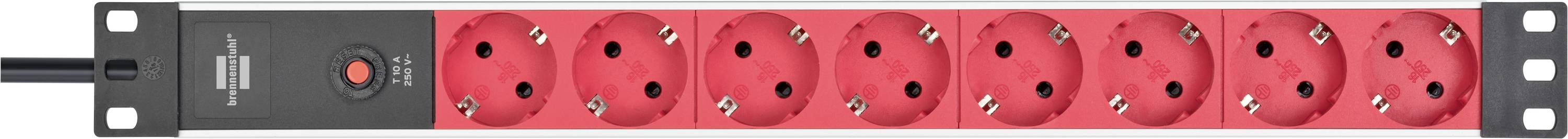Schwarze Steckdosenleiste mit acht roten Steckplätzen, Ein/Aus-Schalter und schwarzem Kabel links.
