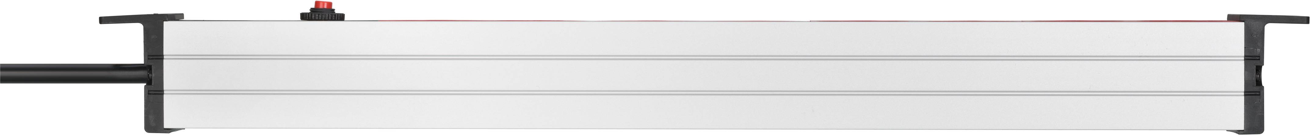 Seitenansicht einer langen, flachen rechteckigen Metallschiene oder Gehäuse mit schwarzen Endbefestigungen und einem kleinen roten Schieber/Indikator oben.