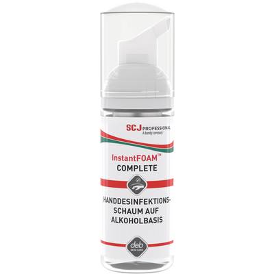 Eine Flasche InstantFOAM Complete Handdesinfektionsschaum, alkoholfrei, von deb Stoko mit transparentem Deckel.
